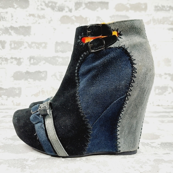 Restricted Blue & Black High Heel Patchwork Wedge Buckle Booties C623 - Picture 1 of 14